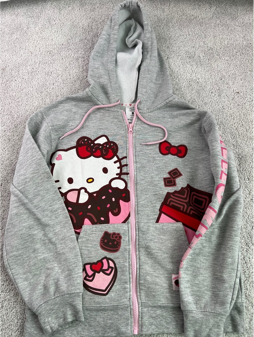 Hello Kitty Sanrio S 4-6 Gray Zip Hoodie Pink Graphic Pockets Sweatshirt